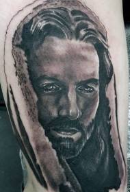 Religious style black and white jesus portrait thigh tattoo pattern