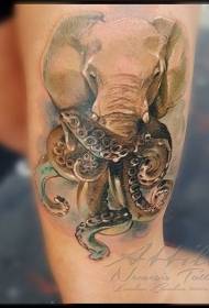 Coscia stile realistico elefante colorato con motivo a tatuaggio di polpo