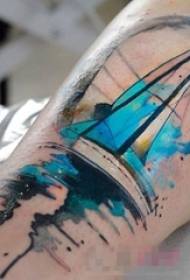 Bomụ nwoke na apata ụkwụ na nwa ojii skilch sailboat watercolor splash ink tattoo picture
