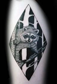 Motif de tatouage de raton laveur de bois géométriques noir et blanc