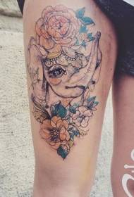 Dij schets stijl kleurrijke olifant met bloem tattoo patroon