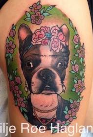 New school color thigh dog and flower tattoo pattern