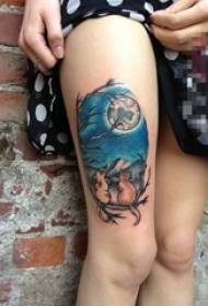 Landscape cat tattoo picture on girl thigh painted watercolor creative moonlight night