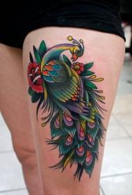 Leg colorful peacock and red rose tattoo