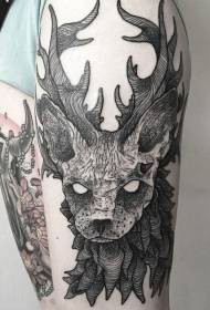 Modello di tatuaggio di cervo misterioso nero stile incisione coscia