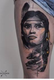 Tatuagem de mulher indiana colorida no estilo de desenho de perna