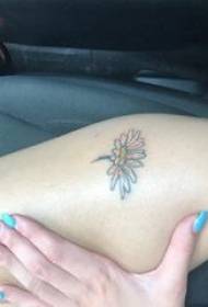 Kleine daisy tattoo meisje dij op gekleurde daisy tattoo foto