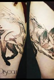 Thigh black line cute fox tattoo pattern