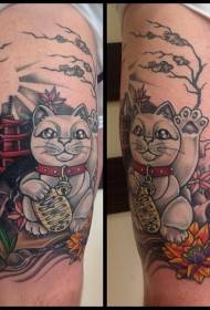 Augšstilba cute karikatūras stila krāsains laimīgā kaķa tetovējums