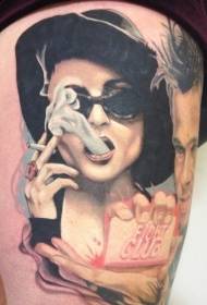 Thigh smoking woman portrait tattoo pattern