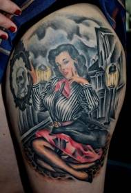 Thigh old school color hand drawn beauty tattoo pattern