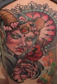 Цвят на бедрото нова училище дявол жена с модел на татуировка на растение за птици