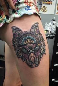 Girl color thigh wolf tattoo pattern
