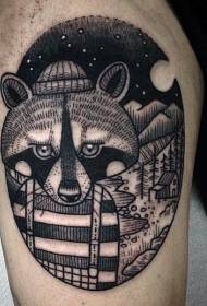 Estilo do gravado negro divertido patrón de tatuaje de bosque de mapache
