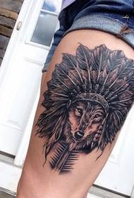 Indisk fjærhjelm tatoveringsmønster med ulvhode