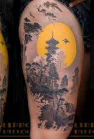 Pintura ó óleo do brazo grande de patrón de tatuaxe de templo de bosques de montaña asiática