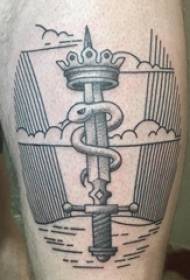 Imagen de tatuaje de daga de línea simple geométrica de espina de punto gris negro de muslos de niños