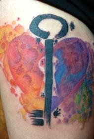 Colorful heart shape and key thigh tattoo pattern