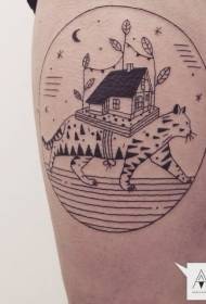 Comb szürreális stílusú fekete macska és a ház tetoválás mintát