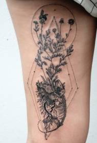 Lucertola nera stile incisione coscia con motivo a tatuaggio geometrico pianta