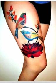 大腿鲜艳颜色的小鸟与花朵纹身图案
