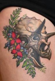 Thigh ilustrasyong istilo ng makulay na pattern ng tattoo ng bungo ng dinosaur