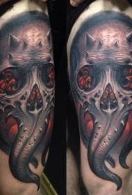Craniu di demone coloratu spaventoso coscia cù pattern di tatuaggi di fiamma