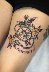 Coscia tema nautico bussola motivo floreale e motivo a tatuaggio di uccelli