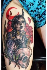 Нога новый стиль дьявол женщина цветок и череп рисунок тату