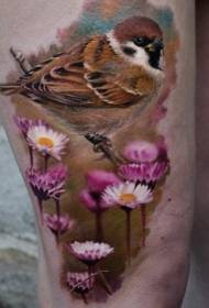 Бедро реалистичный стиль красочная птица с цветочным рисунком татуировки