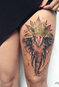 Illustrazione di coscia colorata elefante e pianta tatuaggio modello