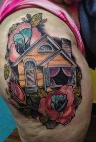 Nový štýl farebného stehna ruže starý dom tetovanie vzor