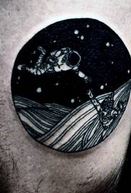 Black round astronaut and space landscape tattoo pattern
