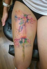 Modèle de tatouage oiseau cuisse belle fleurs aquarelle