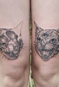 Cranio di gatto nero spaventoso alla coscia con motivo a tatuaggio a tre occhi di gatto