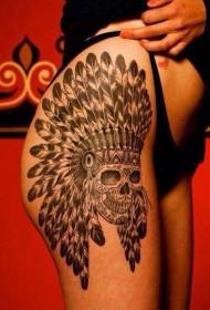 大腿酷骷髏印度頭飾紋身圖案