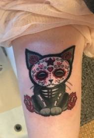 女孩大腿畫水彩素描創意可愛圖案貓紋身圖片
