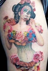 Gamba donna messicana con motivo floreale a tatuaggio