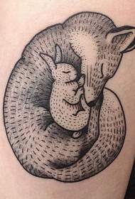 Line pricked little fox and rabbit tattoo pattern