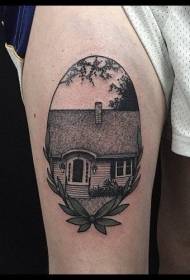 Estilo de grabado en muslo negro pequeño patrón de tatuaje de casa