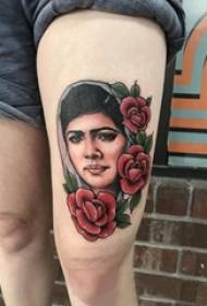 Character portrait tattoo girl thigh on flower and character portrait tattoo picture