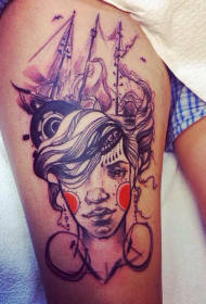 Sketsa wanita penuh warna gaya dengan pola tato berlayar