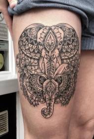 Bellissimo modello di tatuaggio floreale alla vaniglia con elefante nero