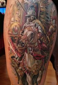 Thigh wonderful colored medieval knight and horse tattoo pattern