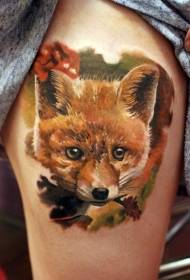 腿部彩色逼真的有趣狐狸纹身图案