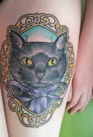 Thigh color cat with violet bow tattoo pattern