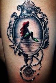 Colorful mermaid portrait tattoo pattern in leg retro style