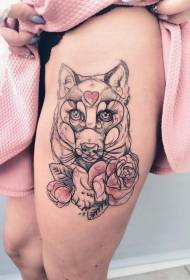 Ben farge skisse stil liten ulv og blomst tatovering bilde