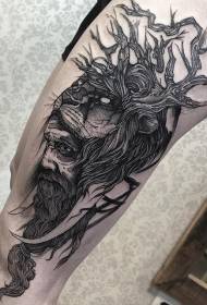 Thigh black engraving style mysterious man with horn tattoo pattern