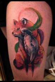 Thigh color illustration style little parrot and fox tattoo pattern